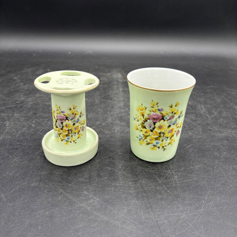 Vintage Lefton China Floral Toothbrush Holder & Tumbler Set Green Porcelain 7685